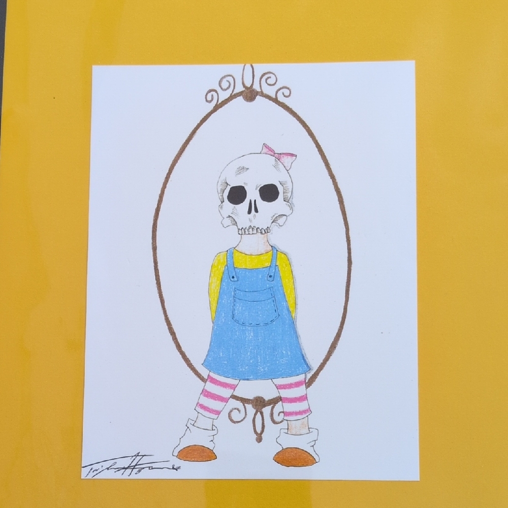 "Hebe"( Greek God). Colorful Skull Illustration with Pink Bow 5x7